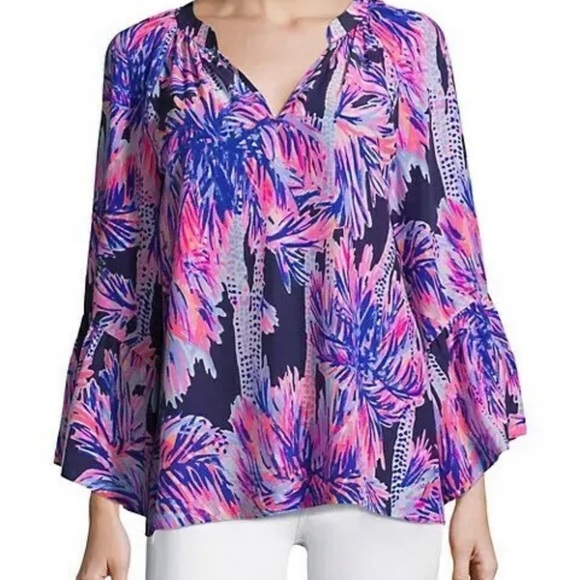 Lilly Pulitzer NWT Matilda Silk Top Bright Navy Palms Up $168 Size XXS - Picture 1 of 8